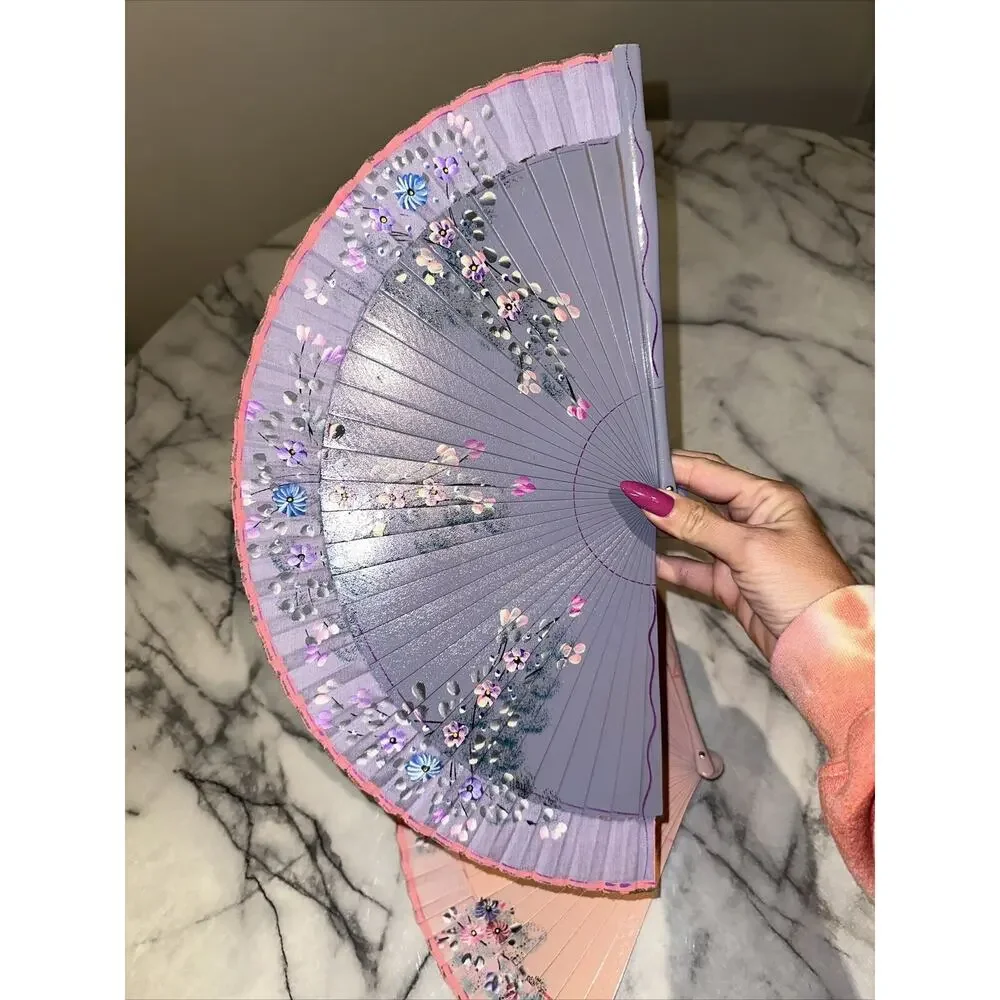 2 Vintage‎ Handpainted Wooden Foldable Hand Fans Pink Purple Flowers 17x9 Asian